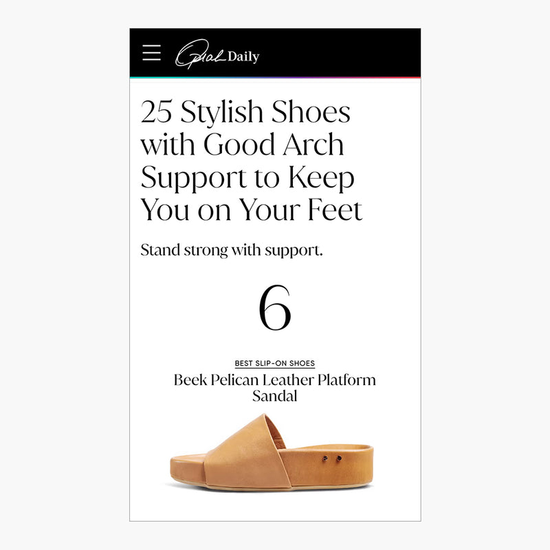 Press feature with Pelican leather platform sandals in Oprah Daily. Header: "25 Stylish Shoes with Good Arch Support to Keep You on Your Feet, Stand strong with support."