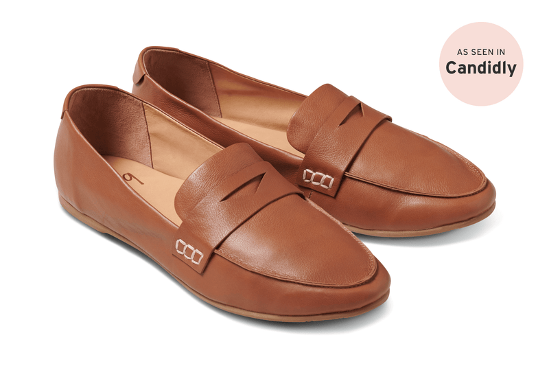 Moorhen leather loafers in tan - product angle shot - press bubble "as seen in Candidly"