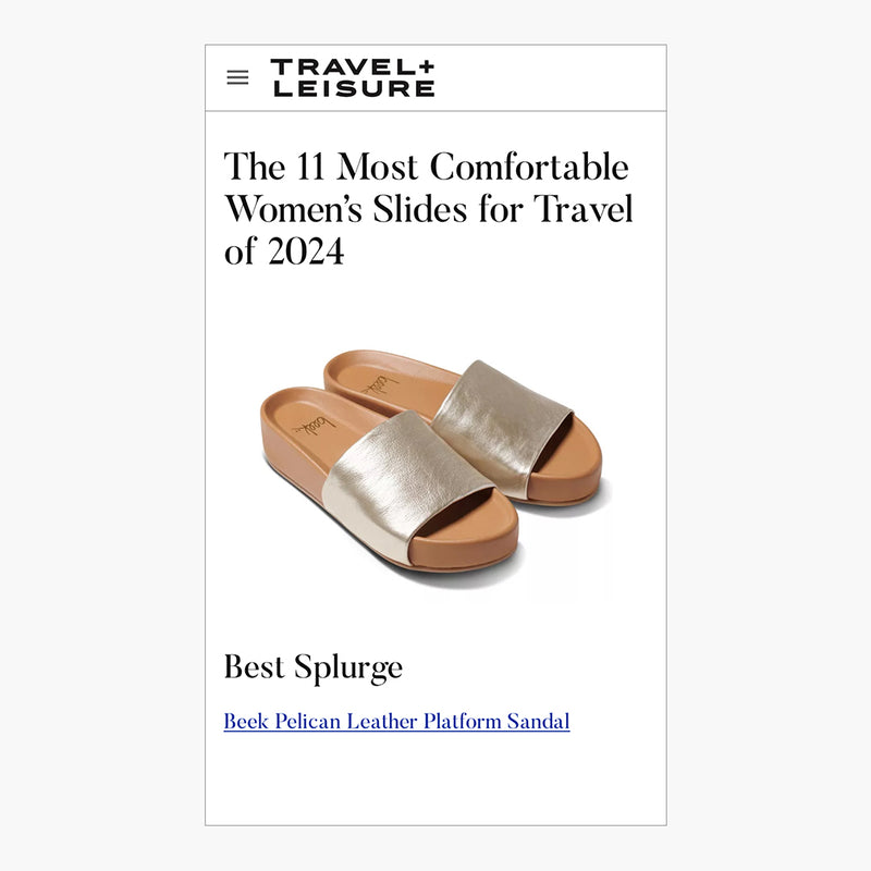 Pelican platinum/beach featured in Travel + Leisure. Header: The 11 Most Comfortable Women's Slides for Travel of 2024, Best Splurge. Press.