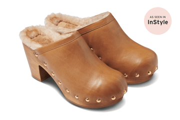 Woodpecker Shearling clogs in saddle - product angle shot "as seen in InStyle"