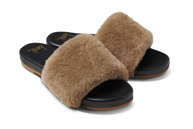 Baza Shearling slide sandal in bronze/black - product angle shot