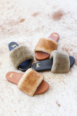 Group shot of Shearling slide sandal in bronze/black and honey/tan.