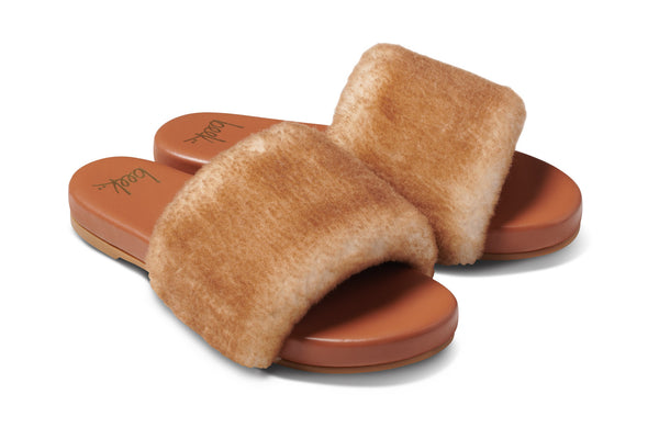 Baza Shearling slide sandal in honey/tan- product angle shot