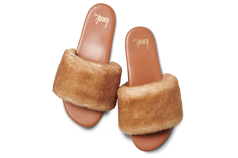 Baza Shearling slide sandal in honey/tan- product top shot