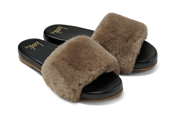 Baza Shearling slide sandal in bronze/black - product angle shot