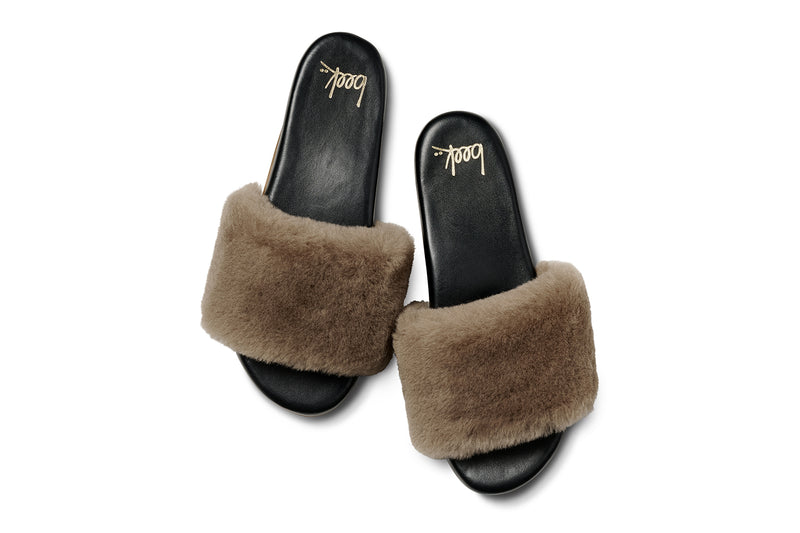 Baza Shearling slide sandal in bronze/black - product top shot