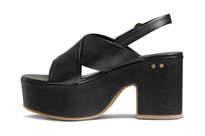 Emu leather platform heel sandal in black - product side shot