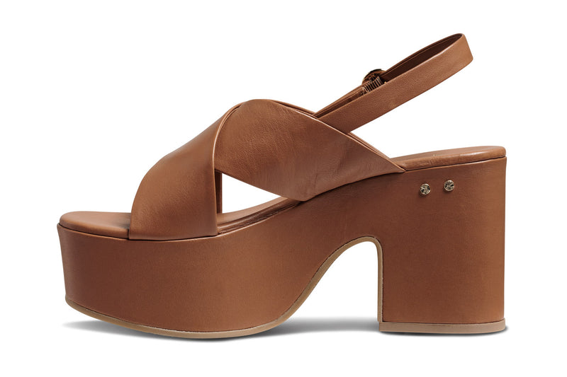 Emu leather platform heel buckle sandal in tan - product side shot