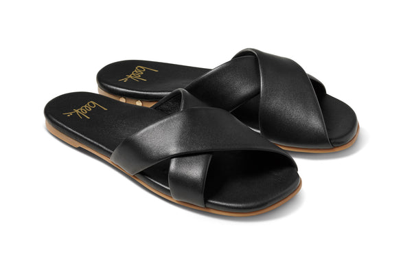 Fernbird leather slide sandals in black - product angle shot