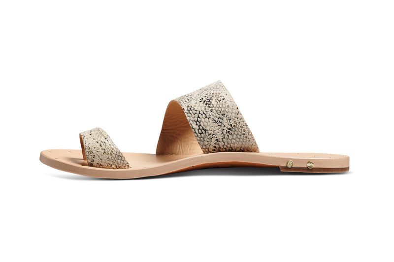 Finch leather toe-ring sandal in snake/beach - product side shot