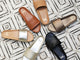 Group shot of Gallito leather slide sandals in honey, mocha, black, platinum, platinum/beach, tan (clockwise from top)