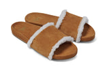 Gallito Shearling suede slide sandals in almond - product angle shot