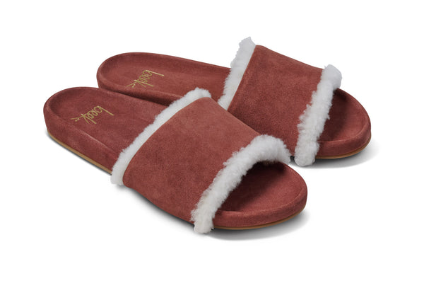 Gallito Shearling suede slide sandals in fig - product angle shot