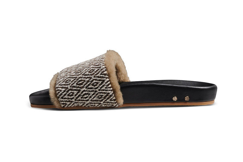 Gallito Shearling leather slide sandals in multi/black - product side shot