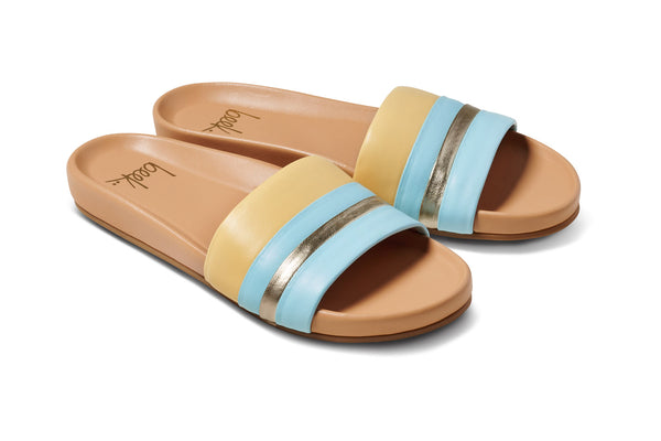 Gallito Stripe leather slide sandal in sky/beach - product angle shot