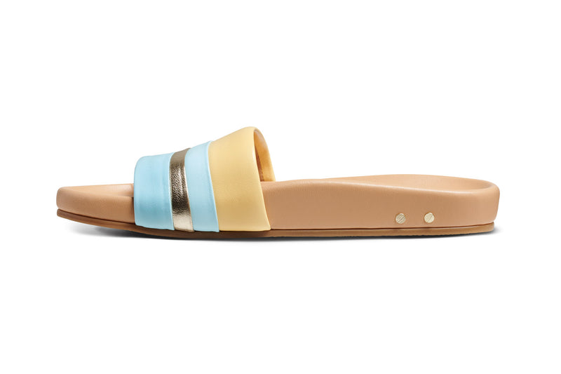 Gallito Stripe leather slide sandal in sky/beach - product side shot