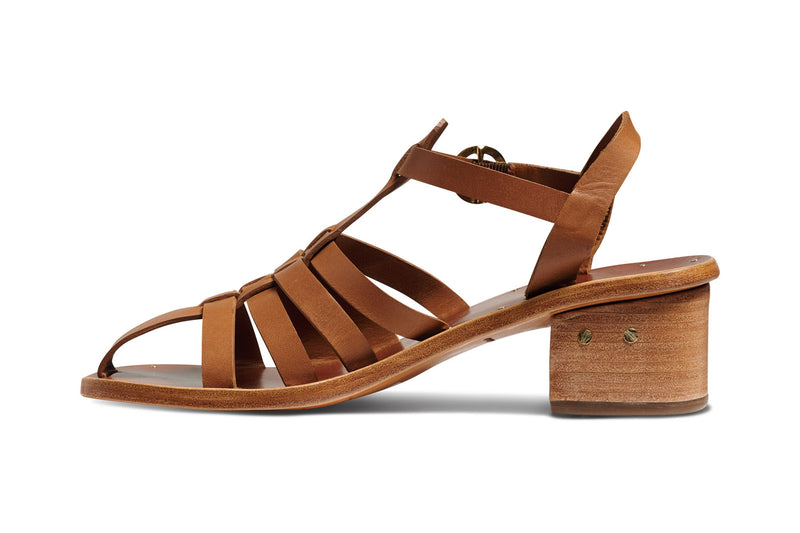 Heron leather ankle strap block heel sandal in tan - product side shot