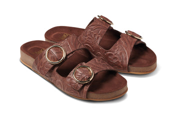 Jery embossed leather slide sandal n chocolate - product angle shot