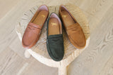 Moorhen loafers in tan leather, moss suede, and caramel suede.