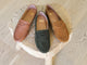 Moorhen loafers in tan leather, moss suede, and caramel suede.