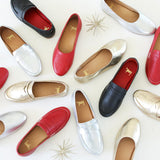 Group shot of Swiftlet leather ballet shoes in lipstick, silver, gold with Moorhen leather loafers in silver, gold, black, lipstick.