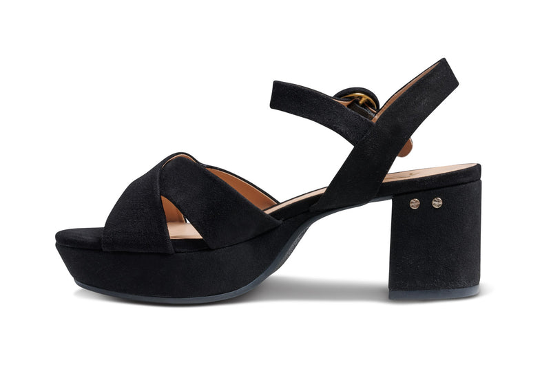 Partybird platform heeled sandals in black - product side shot