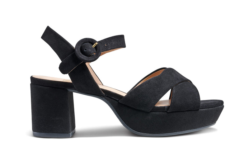 Partybird platform heeled sandals in black - product side shot (outer)