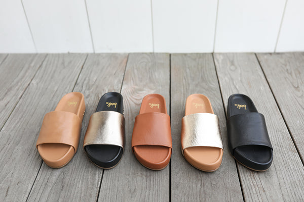 Group shot of Pelican leather slide sandals in honey, bronze/black, tan, platinum/beach, and black.