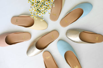 Group shot of Phoebe leather ballet mules in glow, beach, gold, and sky