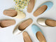 Group shot of Phoebe leather ballet mules in glow, beach, gold, and sky