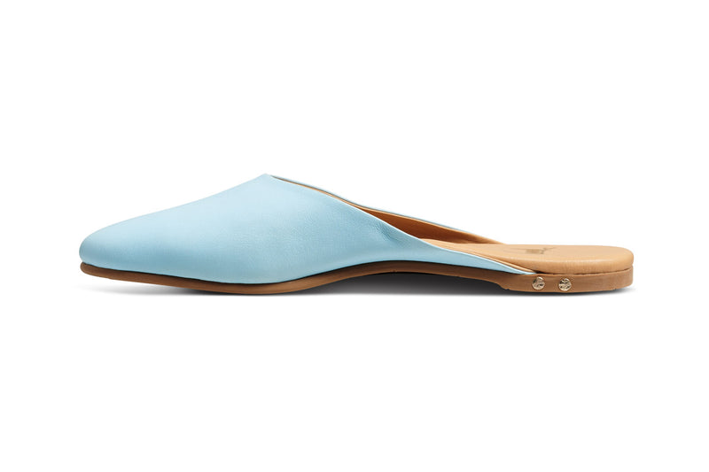 Phoebe leather ballet mule in sky - product side shot