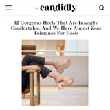 Ibis heeled sandal in beach featured in the Candidly. Header: "12 Gorgeous Heels That Are Insanely Comfortable, And We Have Almost Zero Tolerance For Heel". Press hit.