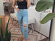 @bohobeachteacher influencer wearing Kea suede slide sandals in caramel with jeans and tank top in front of mirror. No ClosedCaption.