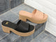 Group shot of Prinia Jute platform heel sandal in black and beach on steps