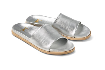 Starling leather slide sandal in silver - product angle shot