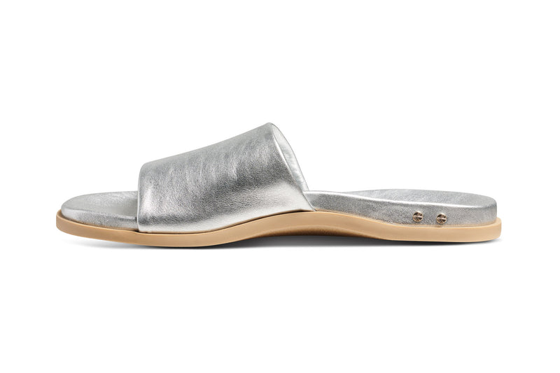 Starling leather slide sandal in silver - product side shot