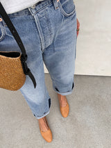 @abbiecrane wearing Swiftlet leather ballet slippers in honey with jeans