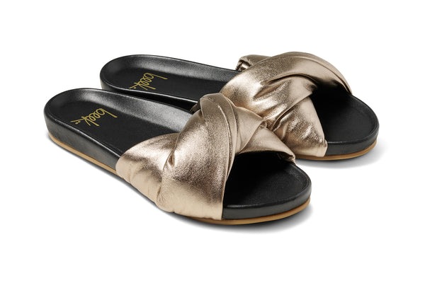 Tesia leather slide sandal in bronze/black - product angle shot