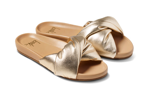 Tesia leather slide sandal in gold/beach - product angle shot