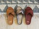 Group shot of Tesia slide sandal in almond suede, mocha leather, fig suede.