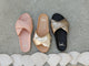 Group shot of Tesia leather slide sandal in blush, gold/beach, bronze/black