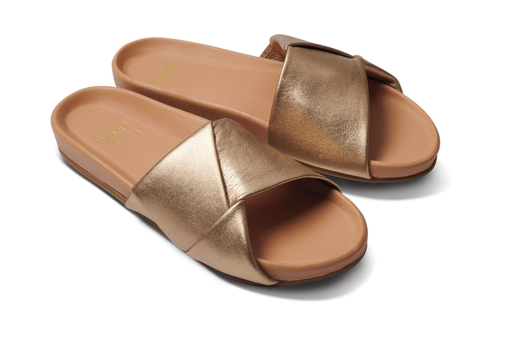 Gold Tone Leather Deva Slides For Women Comfortable Outdoor Beach