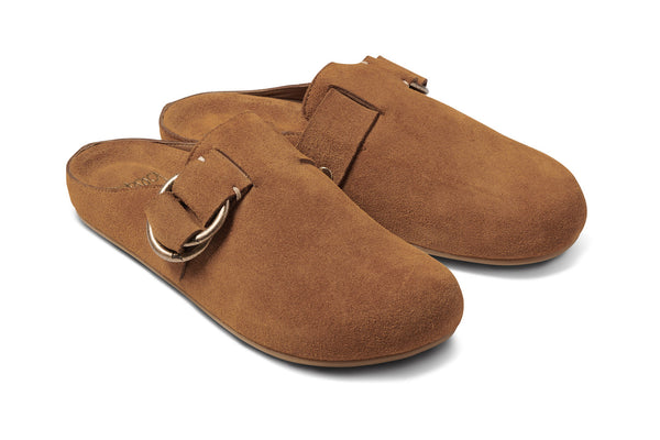 Vulture suede mules in chestnut - product angle shot