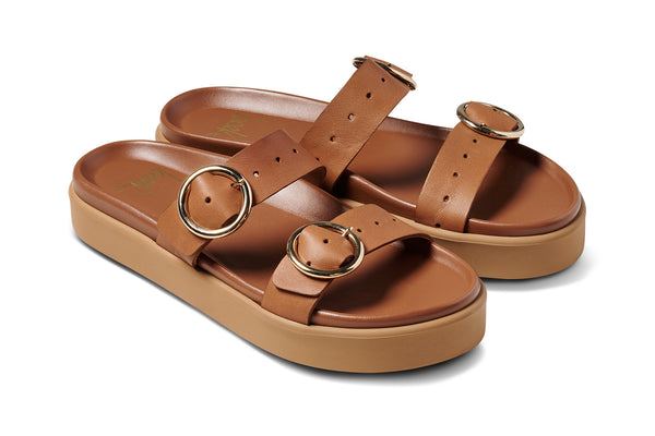 Warbler leather slide sandal in tan - product angle shot