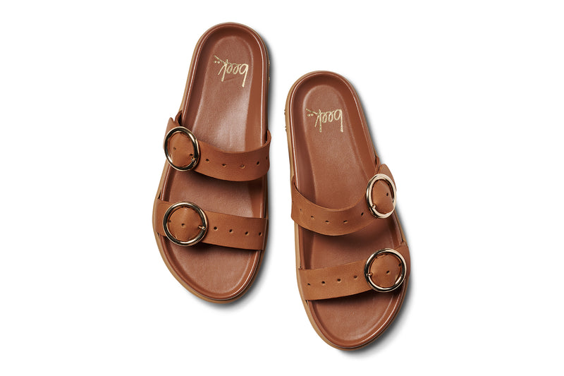 Warbler leather slide sandal in tan - product top shot