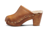 Woodpecker Shearling clogs in saddle - product side shot