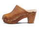 Woodpecker Shearling clogs in saddle - product side shot